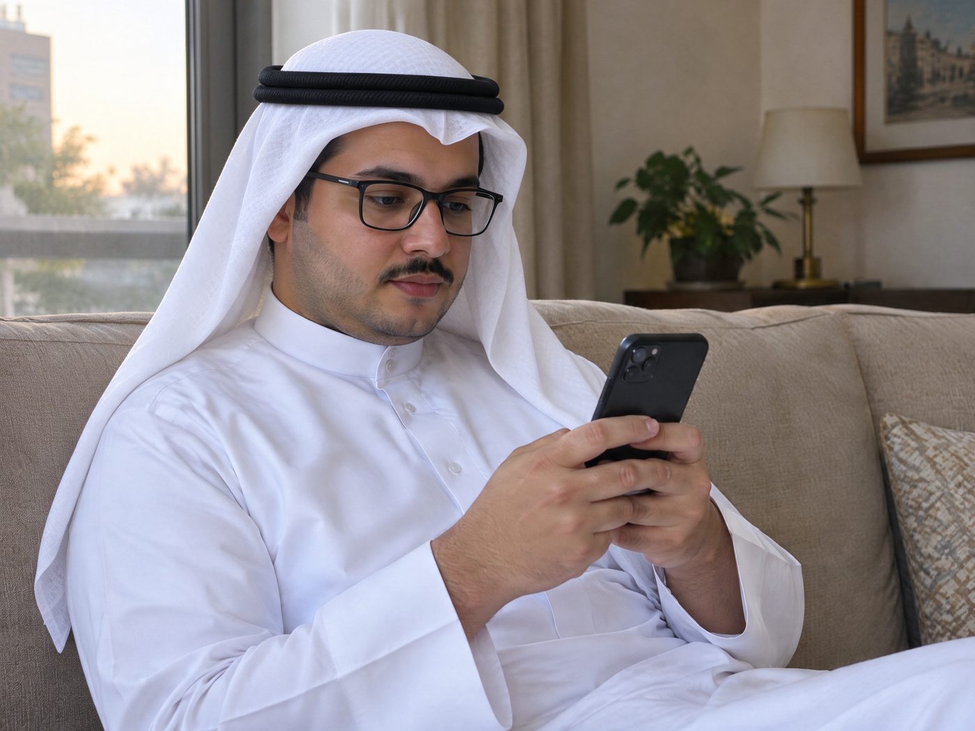 متدرّب يذاكر من جواله وهو جالس على الكنبة