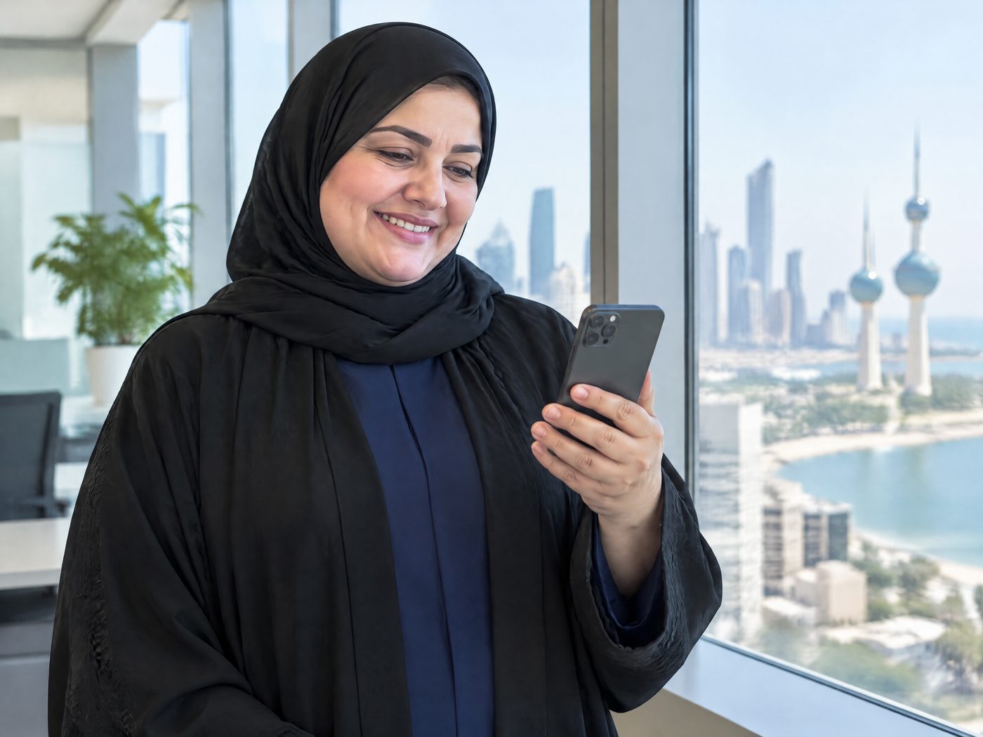 متدرّبة تبتسم وهي تقرأ نتيجتها على جوالها