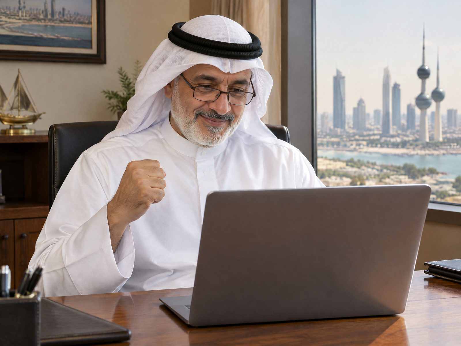 متدرّب يبتسم بفخر وهو يشوف تقدّمه على اللابتوب في مكتبه